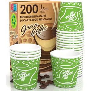 Eurocali 200 Bicchierini in Carta per caffè 65ml CoffeeGreenCUP Bicchieri Ecologici Biodegradabili Monouso Piccoli Asporto Bevande Calde