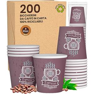 Eurocali 200 Bicchierini in Carta per caffè 65ml CuzcoBrownCUP Bicchieri Ecologici Biodegradabili Monouso Piccoli Asporto Bevande Calde