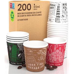 Eurocali 200 Bicchierini in Carta per caffè 65ml Italy Mix Bicchieri Ecologici Biodegradabili Monouso Piccoli Asporto Bevande Calde