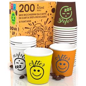 Eurocali 200 Bicchierini in Carta per Caffè 65ml DownUpCUP Mix Bicchieri Ecologici Biodegradabili Monouso Piccoli Asporto Bevande Calde