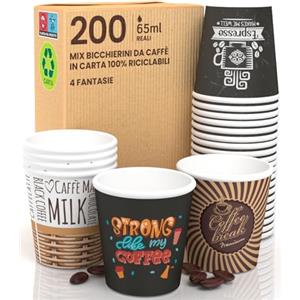 Eurocali 200 Bicchierini in Carta per caffè 65ml bicchieri Ecologici Biodegradabili Monouso Asporto Bevande Calde Acqua Mix Fantasia