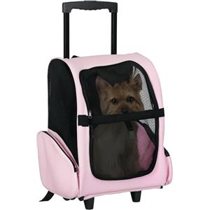 PawHut Trasportino Zaino 2 in 1 per Cani e Gatti con Tasche Laterali, Maniglia Telescopica e Ruote, 42x25x55cm, Rosa