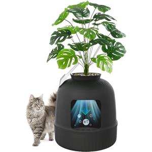 Lifewit Lettiera Gatto con Deodorante e Filtro a Carboni Attivi, Toilette per Gatti per Soggiorno, Camera da Letto e Angoli, Lettiera a Forma di Vaso con Pianta Finta e Paletta, 48 x 120 cm, Nera