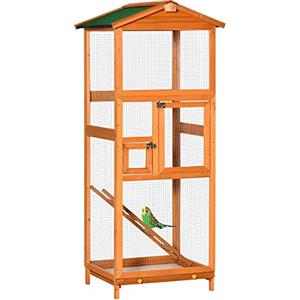 PawHut Gabbia per Uccelli in Legno di Abete e Rete Metallica, Voliera per Uccelli da Esterno con 2 Porte, Tetto in Asfalto e Vassoio Estraibile, 68x63x165 cm, Arancione