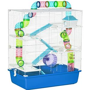 PawHut Gabbia per Criceti a 5 Livelli con Tubi, Casetta, Serbatoio dell'Acqua, Rampe, Ciotola, Piattaforme e Ruota, Gabbietta per Roditori con 2 Maniglie in Acciaio, PP e PS, 59x36x69 cm, Blu