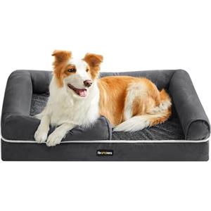 Feandrea Cuccia per Cani Ortopedica, Letto Divano per Animali, Imbottitura Morbida, Bordi Rialzati, Copertura Sfoderabile e Lavabile, 91 x 68 x 18 cm, Fondo Antiscivolo, Grigio Scuro PGW076G01