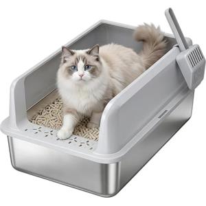 Lifewit Lettiera Gatto in Acciaio Inox, XXL Aperta Toilette per Gatti con Pala, Lettiera Gatto per Soggiorno, Camera da Letto, 58 x 38 x 26 cm, Grigio