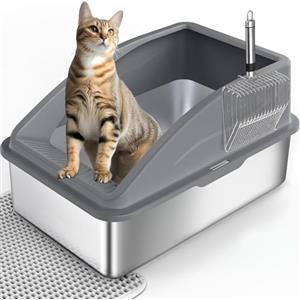 FURTIME Lettiera per gatti in acciaio inox XXL, in acciaio inox, 30 l, grande con paletta per gatti e doppio strato opaco, a prova di perdite, XXL, 58 x 37 x 28,5 cm