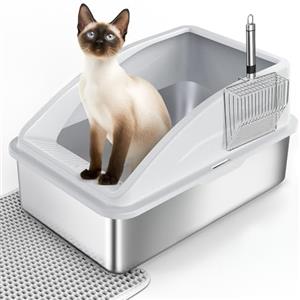 FURTIME Lettiera Gatto, 30 L Lettiera Acciaio Inox, Facile da Pulire, Facile da Pulire Antiodore e Spaziosa, Sabbiera XXL Alta, Con Acciaio Inox Paletta, 58×37×28.5 cm
