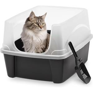 Iris Ohyama Vassoio per Lettiera per Gatti con Paletta, Nero, Facile da pulire, Box per gatti, Pareti Rimovibili, Per Gattini, Gatti Adulti, Conigli, Senza BPA, Tetto Aperto, DDCLH-12