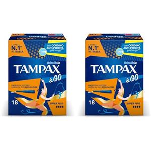 TAMPAX&GO Super Plus, 18 Assorbenti Interni con Applicatore in Plastica, Presa Antiscivolo e Doppio Cordino Protettivo, Ginecologicamente Testati, ideali per Flusso molto Abbondante (Confezione da 2)