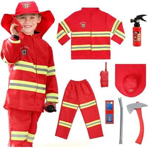 AYBUY Costume da Pompiere per Bambini, 8 Pcs Costume Pompiere Bambino con Accessori di Pompieri, Pompiere costume per Gioco d'Imitazione, Vestito Carnevale Halloween Gioco Regali, rosso, 110CM