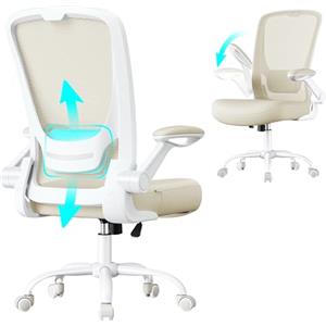 SONGMICS Sedia da Ufficio Girevole, Sedia di Rete da Computer Ergonomica, Supporto Lombare, Oscillante, Seduta 53 cm, Braccioli Pieghevoli, Beige Cappuccino OBN037K02