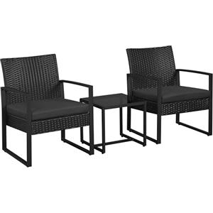 Yaheetech Set Mobili da Giardino in Poly Rattan 2 Sedie e Tavolino da Balcone con Cuscini Esterno Interno Nero