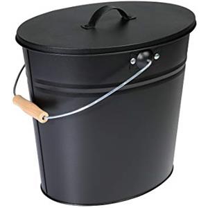 Kamino-Flam Contenitore per Carbone in Metallo Zincato con Coperchio e Manico Rivestito in Legno - Secchio Ovale per Cenere Camino - Nero - Capienza 24 Litri