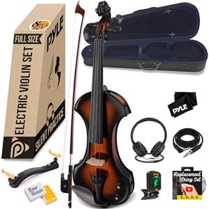Pyle Violino Elettrico, Violino 4/4 in Legno Massello, Silenzioso, con Custodia Rigida, Arco, Accessori in Ebano e Accordatore Digitale