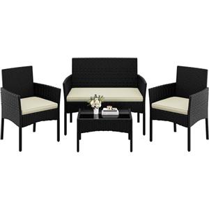Yaheetech Set di Mobili da Giardino da Balcone 4 Pezzi in Polyrattan con Divano a 2 Posti 2 Poltrone 1 Tavolo per Esterni Patio Giardino Black/Beige