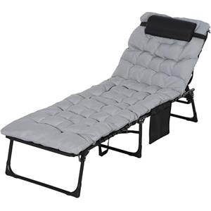 Outsunny Lettino Prendisole Pieghevole con Schienale Regolabile, Sdraio da Giardino Portatile con Cuscino, Poggiatesta, Tasca Portaoggetti Laterale e Maniglie, 58x189x32.5 cm, Grigio Chiaro