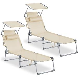 SONGMICS Set da 2 Sedie a Sdraio Pieghevoli, 189 x 53 x 28,5 cm, con Cusicni, Lettini Prendisole, Portata 110 kg Ciascuno, Parasole e Schienale Regolabili, per Terrazza e Balcone, Beige GCB292WZ02