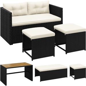 Yaheetech 2 in 1 Set Mobili da Giardino in Rattan PE con 1 Panca Trasformabile in Divano, 1 Tavolo e 2 Pouf, Ideale per Balcone Terrazza Patio Nero e Beige