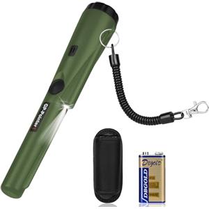 Flintronic Metal Detector, Impermeabile IP66, Detector Portatile a Scansione a 360°, con Luce LED e Batteria 9V, Indicatore LED Integrato e Luce di Allarme, per Caccia di Oro Tesoro -Verde