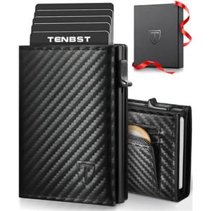 TENBST Portafoglio, Slim Porta Carte di Credito Uomo con RFID Anticlonazione, Portacarte Piccolo Magnetico, Porta Tessere con Portamonete e Contanti, Idea Regalo - Carbon Nero