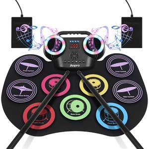 Anpro Batteria Elettronica, 9 Praticare Drum Pads con 2 Bacchette Pedali, Schermo LED, Portatile Tavolo Pieghevole Digitale Tamburo Set, Adatto a Bambini, Adulti e Principianti, Regalo di Compleanno