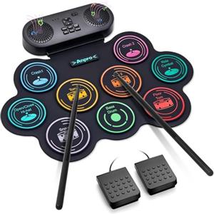 Anpro Set di Batterie Elettroniche, 9 Pad con Altoparlanti Stereo Duali, Kit Elettronico Roll-Up con Pedali e Bacchette, Supporta Cuffie/Bluetooth/MIDI