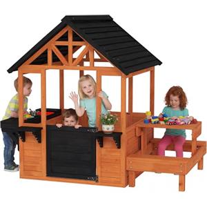 AIYAPLAY Casetta da Giardino per Bambini in Legno Abete, Casetta per Bambini Esterno con Tavolo, Panche, Lavandino, Mezza Porta, Portavasi, Finestra Snack Bar, 3-8Anni, 166x113x140 cm, Marrone Chiaro
