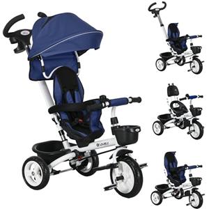 HOMCOM Triciclo per Bambini con Maniglione Multiuso, Passeggino per Bambini Parasole Regolabile, Cintura di Sicurezza e Cestino, Blu Scuro