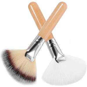 FRCOLOR Pennello per Trucco a Ventaglio 2 Pezzi Manico e Corto, Set Pennelli da Trucco in Nylon Morbido per Viso, Cipria, Fard e Illuminante, Strumenti Make Up per Donne e Ragazze