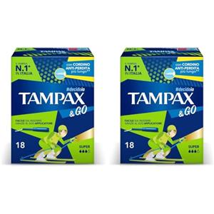TAMPAX&GO Super,18 Assorbenti Interni con Applicatore in Plastica, Presa Antiscivolo e Doppio Cordino Protettivo, Ginecologicamente Testati, ideali per Flusso Abbondante (Confezione da 2)