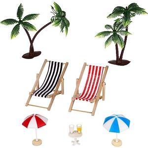 TOYANDONA 9 pezzi spiaggia in miniatura casa delle bambole decorazione mini palme ombrelloni sedie a sdraio bevande rotonde tavolo decorazione fai da te giardino casa delle bambole