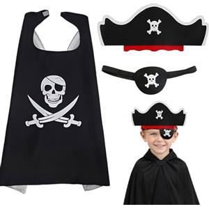 OIXEYA 3 PCS Costume da Pirata Bambini, Costume da Capitano Pirata Mantello da corazziero Bambini, Cappello da corazziero Toppe Occhio corazziero, per Halloween Cosplay Carnevale Mascherata