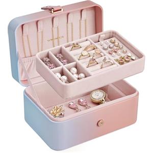 SONGMICS Scatola Portagioie da Viaggio, Piccolo Porta Gioielli, 2 Livelli, Portagioielli Portatile, per Accessori Grandi, 11 x 16 x 8 cm, Idea Regalo, Rosa e Blu Sfumato JBC166X101