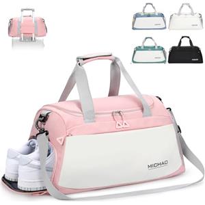 Damcyer Borsone Da Viaggio, 35L Borsone Palestra Borsone Da Viaggio Donna Con Scomparto Per Scarpe e Tasche Umide Impermeabili, Borse Sportive Per Sport Viaggi Nuoto Yoga Escursionismo, Bianco+Rosa