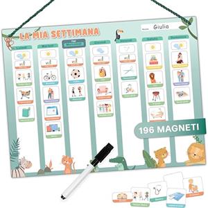 Mini Mindz® Agenda settimanale per bambini - Lavagna magnetica Montessori dal design simpatico con 196 magneti e penna - Giochi educativi dai 3 anni - Calendario per bambini