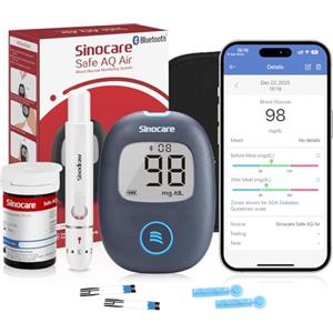 Sinocare Safe AQ Air Misuratore Glicemia Bluetooth, Glucometro con 25 strisce reattive e 25 lancette, Misuratore di Glicemia Bluetooth con App, 0,6 µL di sangue e risultati in 5 secondi
