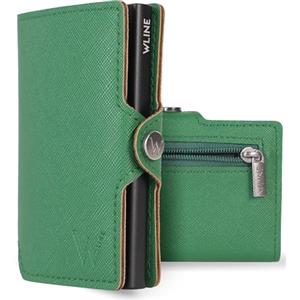 WLine Portafoglio Uomo Slim con Portamonete Rfid Compatto ed Elegante - Porta Carte di Credito Uomo e Donna Schermato in Pelle PU - Portatessere Uomo Tascabile (Verde e Nero Saffiano, Con Zip)
