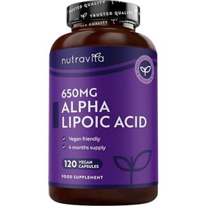 Nutravita Acido Alfa Lipoico 650 mg - 120 Capsule Vegane - Integratore Acido Alfa Lipoico ad Alta Concentrazione - 4 Mesi di Scorta - Naturali al 100% Senza Leganti o Riempitivi Sintetici