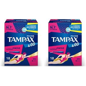 TAMPAX&GO Mini, 18 Assorbenti Interni con Applicatore in Plastica, Presa Antiscivolo e Doppio Cordino Protettivo, Ginecologicamente Testati, ideali per Flusso Leggero (Confezione da 2)