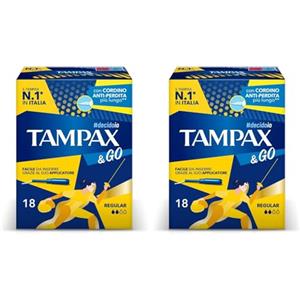 TAMPAX&GO Regular, 18 Assorbenti Interni con Applicatore in Plastica, Presa Antiscivolo e Doppio Cordino Protettivo, Ginecologicamente Testati, ideali per Flusso Medio (Confezione da 2)