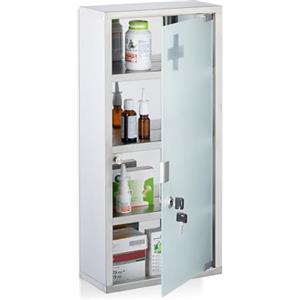 Relaxdays Armadietto Pronto Soccorso per Medicinali, Cassetta Farmaci a Chiave, 57x27x12 cm, Vetro e Acciaio, Argentato