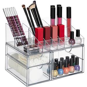 Relaxdays Portatrucchi, Organizer con 14 Scomparti e 3 Cassetti, Contenitore Make-Up e Rossetti, Plastica, Trasparente