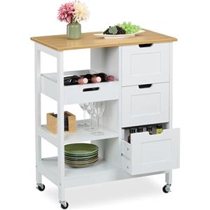 Relaxdays Carrello da Cucina con Ruote, Isola 3 Ripiani e Cassetti, Carrellino Portaoggetti HLP: 85x68,5x38,5 cm, Bianco