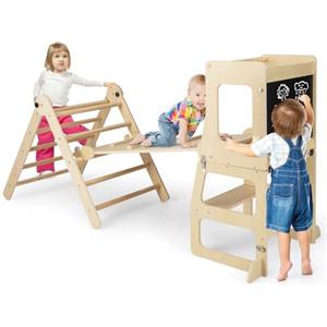 RELAX4LIFE 7 in 1 Set da Arrampicata con Scivolo per Bambini, Torre Montessoriana Pieghevole con Lavagna in Legno, Convertibile in Tavolo+Sedia per Bimbi 3+ Anni (Naturale)