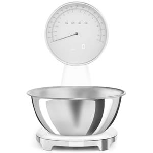 Smeg, Bilancia da Cucina Digitale e Analogica KSF01WHWW, Ciotola in Acciao Inox 1,8L Removibile, Quattro Unità di Misura g/ml e lb.oz/fl.oz, con Funzione Tara, Portata Massima 5kg, Bianco