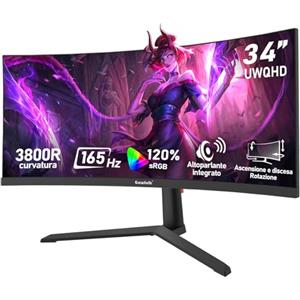 Gawfolk Monitor Gaming Curvo Ultrawide 34 Pollici 165Hz, Schermo PC 3800R 21:9 UWQHD (3440x1440), 120% sRGB, 1ms, Adaptive Sync, Display Port, HDMI, Regolabile in Altezza, Altoparlanti Integrati -Nero