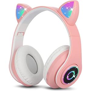 Sendowtek Cuffie Bluetooth per Bambini Adulti Oopra l'orecchio Cute Gatto Earphone con Luci Lampeggianti Cuffie Pieghevoli con Mic Incorporato Cuffie Wireless Carine per Bambini Ragazze Boys (rosa)