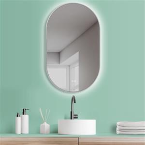 HOKO Vittoria - Specchio da bagno LED, ovale 50x90 cm, 90x50 cm, telaio metallo bianco, montaggio alto+orizzontale, interruttore touch, colore bianco caldo